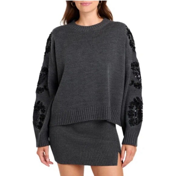 Splendid Leanna Sequin Embroidered Wool Blend Sweater Women Size S Heather Gray - Picture 1 of 12